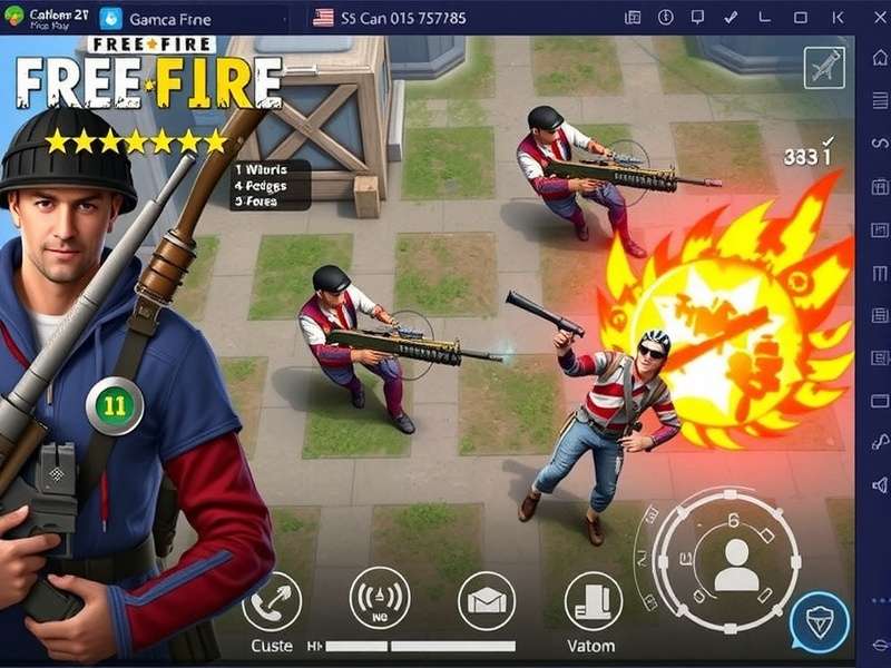 Intense Free Fire gameplay scene showing squad combat in a battleground